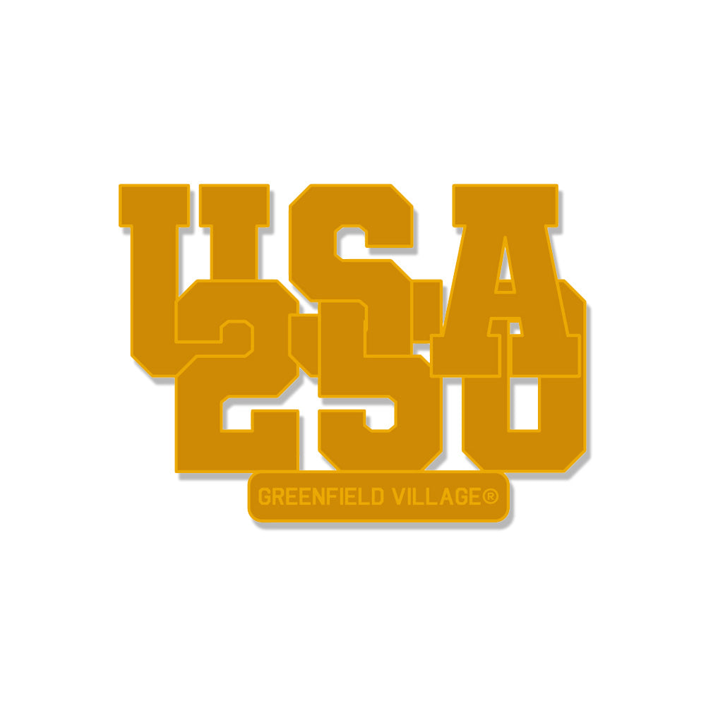 Show your national pride with the Greenfield Village America’s 250th Eagle Pin, featuring gold varsity-style “USA 250” text and a Greenfield Village® label, all on a white background.