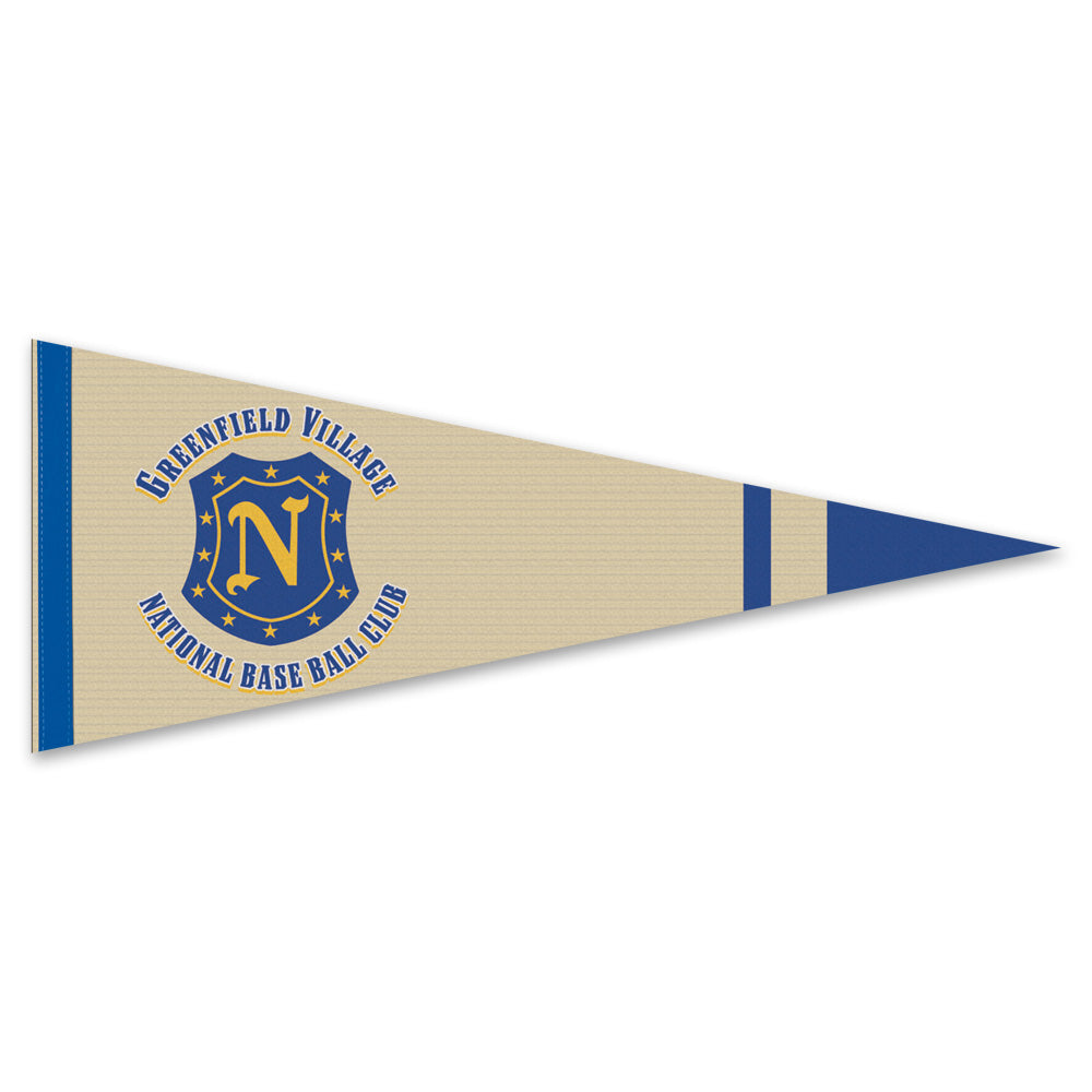 Beige and blue pennant with 'Greenfield Village National Baseball Club' text and logo on a white background