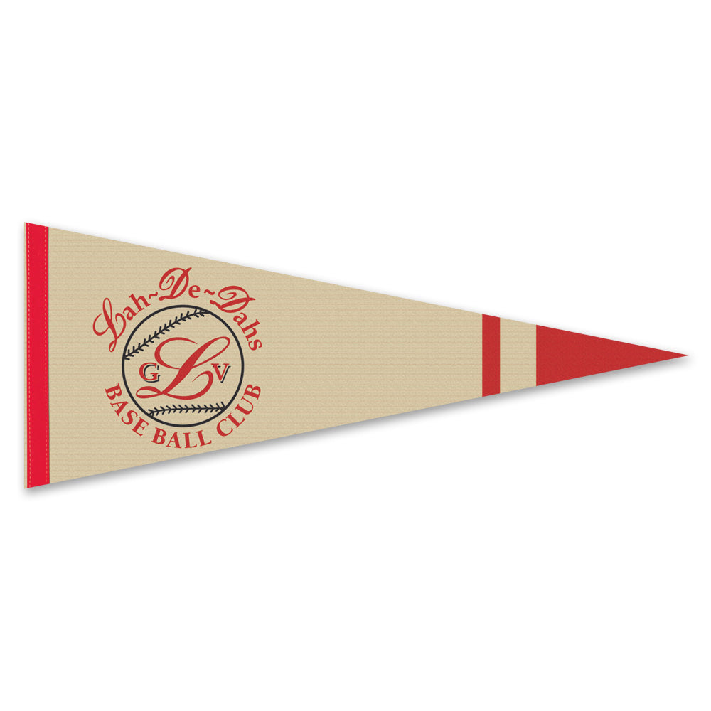 The Lah-De-Dahs Pennant is a tan and red vintage baseball pennant featuring the Lah-De-Dahs Base Ball Club, a decorative retro logo in red script, and a stylized LV at the center.