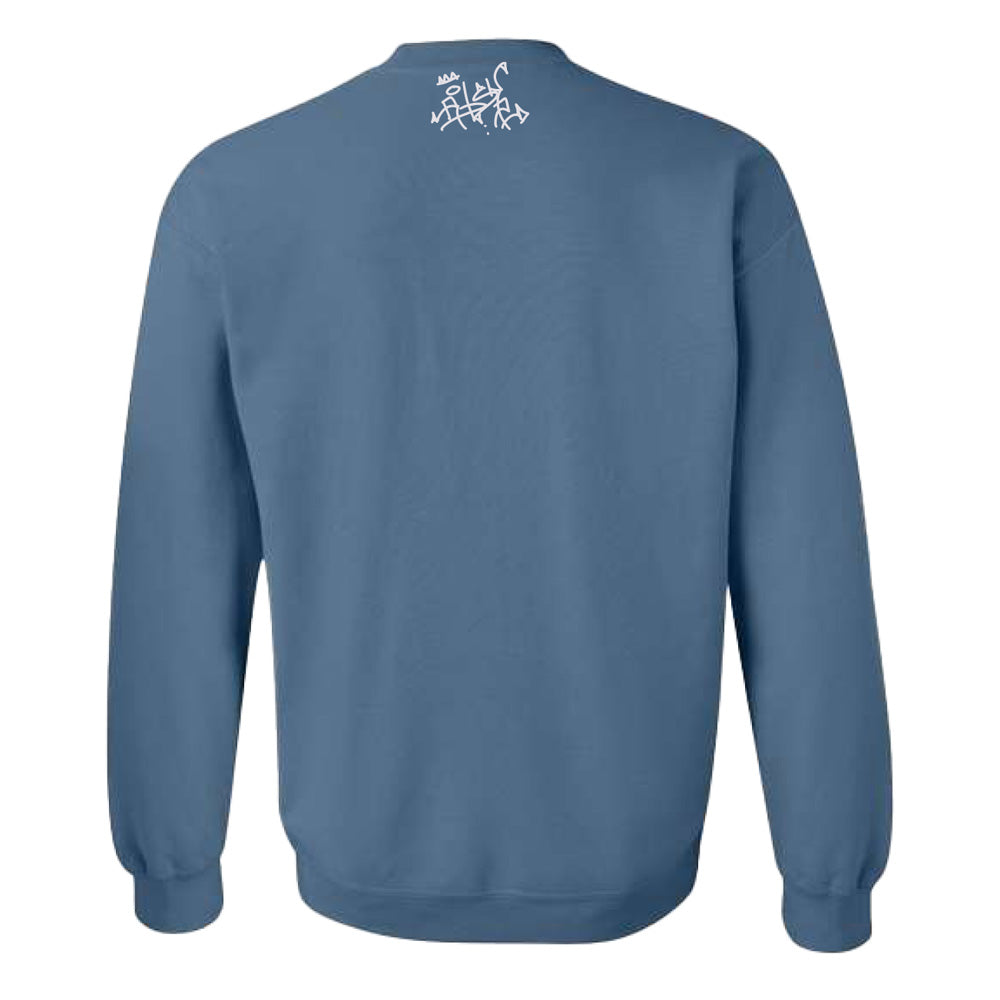 The Roberto Lugo Pigeon Crew Sweatshirt is a blue crewneck shown from the back, featuring white graffiti-style text by the neckline—ideal for art lovers wanting bold street style.