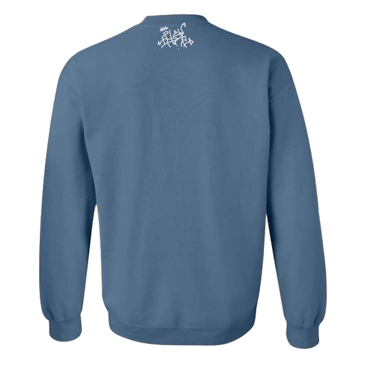 The Roberto Lugo Pigeon Crew Sweatshirt is a blue crewneck shown from the back, featuring white graffiti-style text by the neckline—ideal for art lovers wanting bold street style.