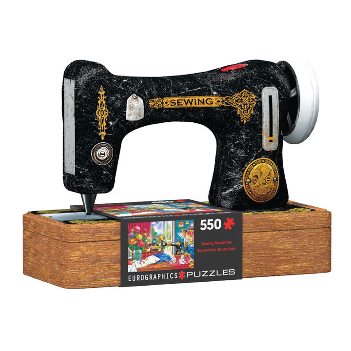 Shaped like a vintage black sewing machine with gold accents, the Sewing Machine 550-Piece Puzzle sits on a wooden base and features vibrant artwork on its packaging labeled "Sewing Memories.