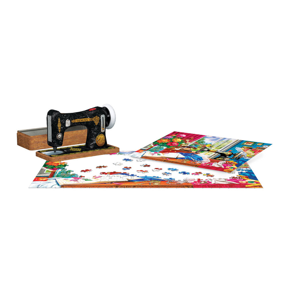 A partially completed Sewing Machine 550-Piece Puzzle lies on a flat surface, its colorful pieces and lively illustration displayed beside a vintage black sewing machine.