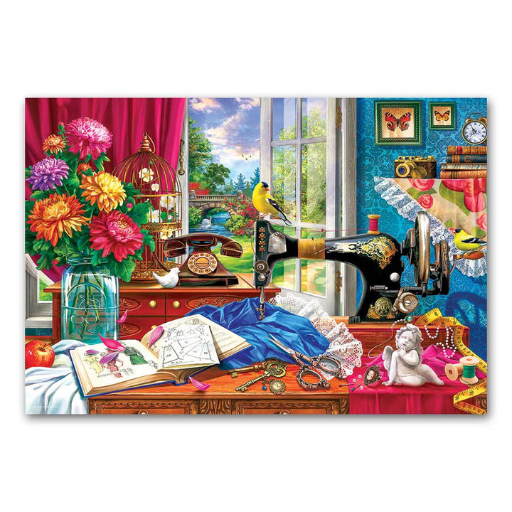 A vibrant sewing room with a vintage sewing machine, flowers, patterns, and open sketchbooks sets the scene for the Sewing Machine 550-Piece Puzzle—complete with birds and lace in this charming, detailed puzzle setting.