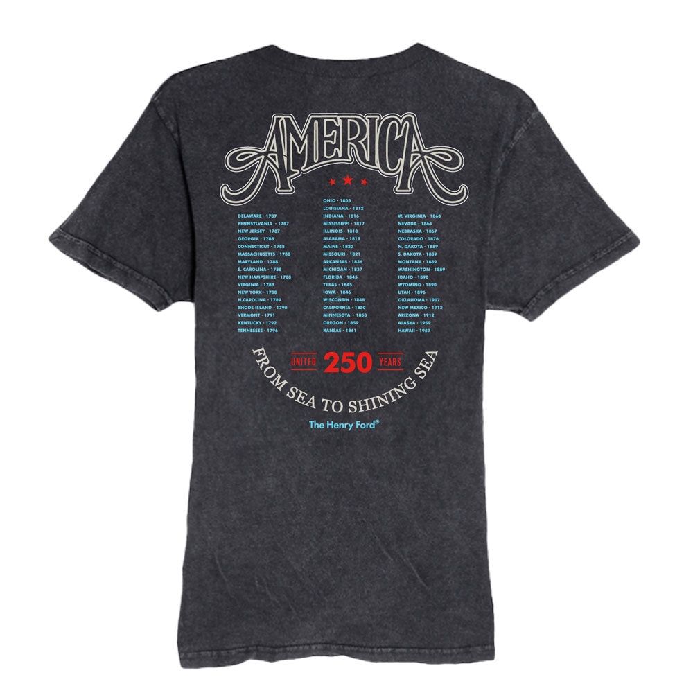 Celebrate with The Henry Ford® America's Birthday Concert Tour T-Shirt—limited-edition tee featuring “AMERICA” in bold, cities listed in blue, “250 years” in red, and “From sea to shining sea.”.