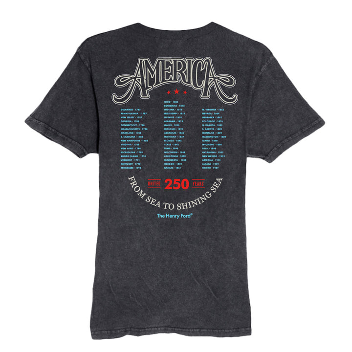 Celebrate with The Henry Ford® America's Birthday Concert Tour T-Shirt—limited-edition tee featuring “AMERICA” in bold, cities listed in blue, “250 years” in red, and “From sea to shining sea.”.