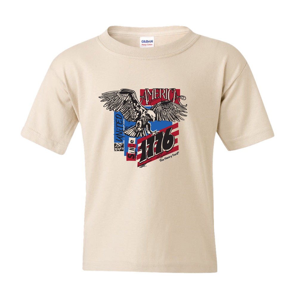 The Henry Ford® America Eagle 1776 Youth T-Shirt features a bold eagle over the American flag with "United, America, 1776" text—ideal for celebrating the 250th anniversary or exploring history at The Henry Ford.