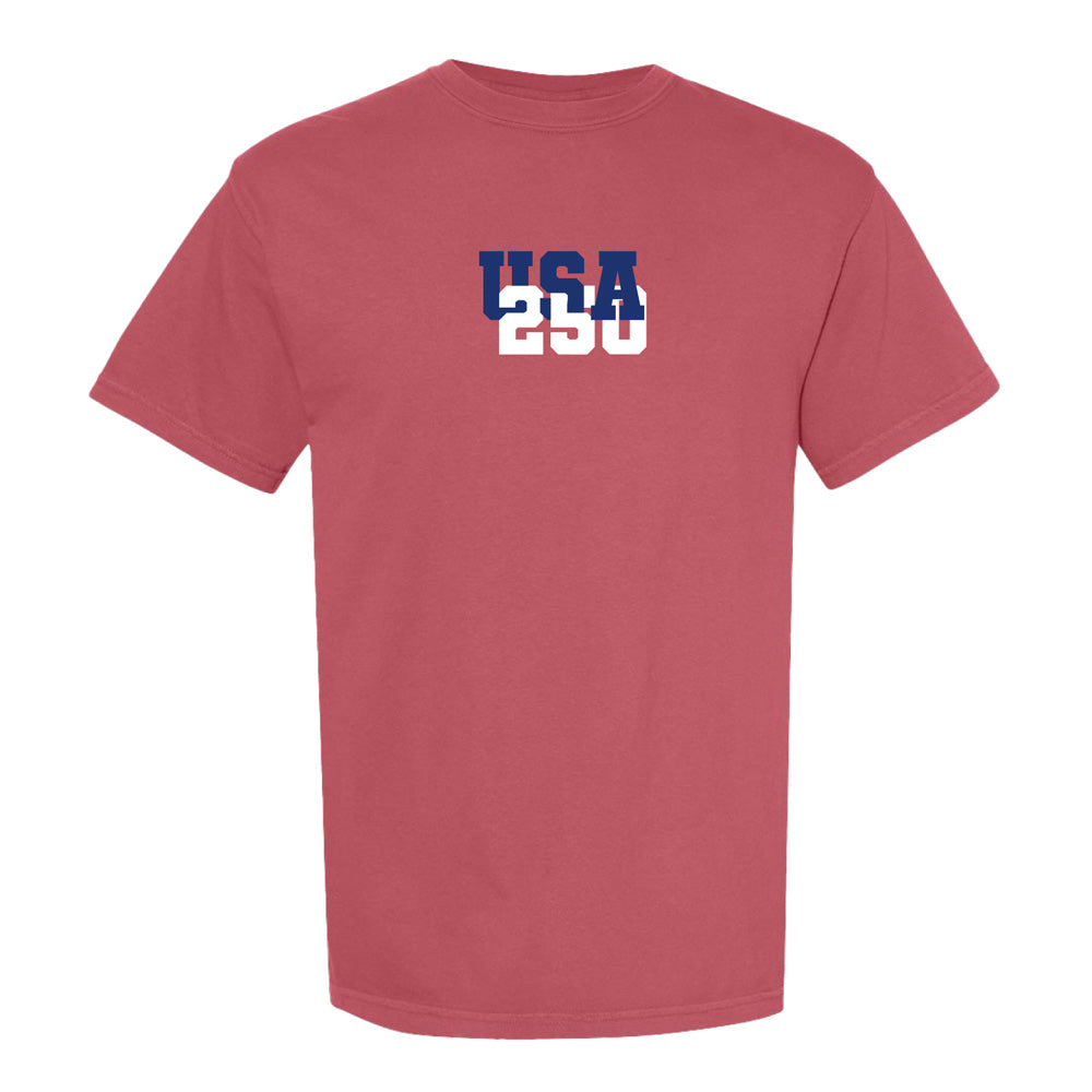 Celebrate America’s 250th in style with the Greenfield Village Life & Liberty T-Shirt, featuring "USA" in blue above a white "250" on a bold red shirt—ideal for your next trip to Greenfield Village.
