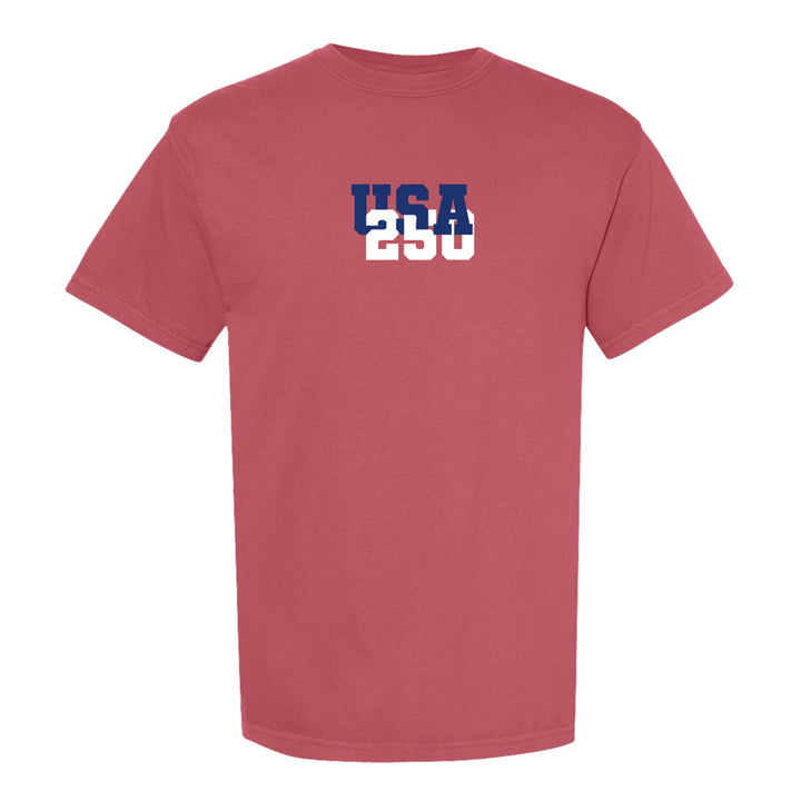 Celebrate America’s 250th in style with the Greenfield Village Life & Liberty T-Shirt, featuring "USA" in blue above a white "250" on a bold red shirt—ideal for your next trip to Greenfield Village.