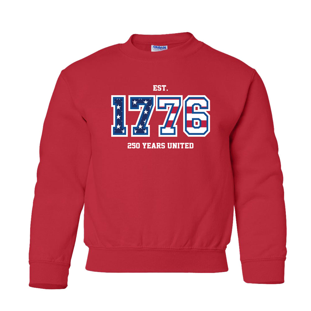 Celebrate America’s 250th with the Greenfield Village 1776 Crew Youth Sweatshirt—red, featuring bold blue and white “EST. 1776” with stars and “250 Years United” below.