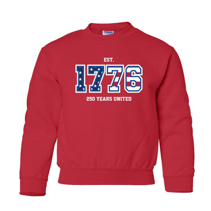Celebrate America’s 250th with the Greenfield Village 1776 Crew Youth Sweatshirt—red, featuring bold blue and white “EST. 1776” with stars and “250 Years United” below.