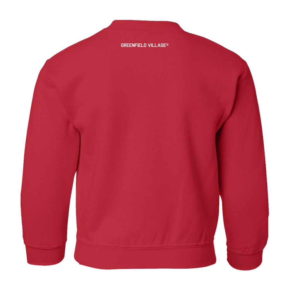 A red Greenfield Village 1776 Crew Youth Sweatshirt shown from the back features “GREENFIELD VILLAGE” in small white letters near the collar, long sleeves, ribbed waistband and cuffs—perfect for celebrating America’s 250th anniversary.
