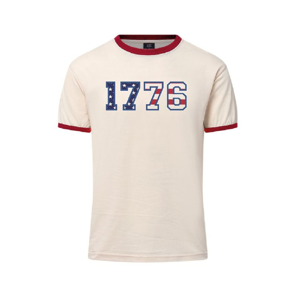 The Greenfield Village 1776 Flag Ringer T-Shirt is cream-colored with red trim and blue and red flag-style numbers—ideal for America’s 250th anniversary or a trip to Greenfield Village.