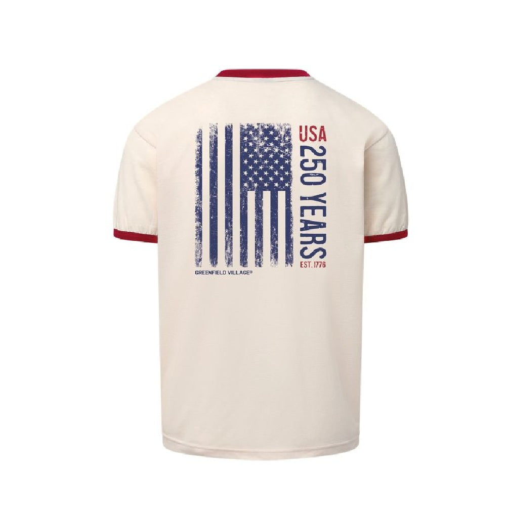 Back view of the Greenfield Village 1776 Flag Ringer T-Shirt with red collar and cuffs, showcasing a blue distressed American flag, "USA 250 Years," "Est. 1776," and Greenfield Village®—celebrating America's 250th anniversary.