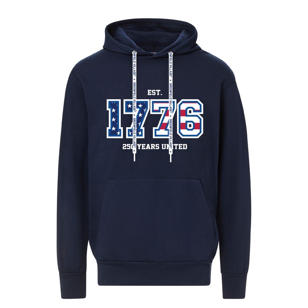 Celebrate America’s 250th with the Greenfield Village 1776 Hooded Sweatshirt—navy blue, featuring bold EST. 1776, stars and stripes, and “250 YEARS UNITED” on the front. Ideal for showing your patriotic pride at Greenfield Village!.