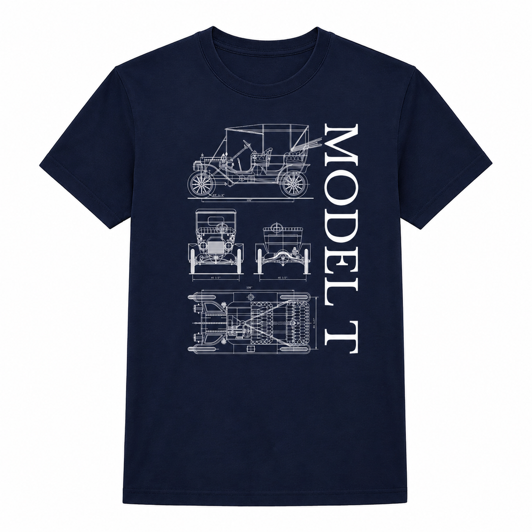 The Henry Ford® Model T Tee Shirt is a navy blue t-shirt showcasing white technical drawings of the iconic Model T from various angles, with “MODEL T” displayed vertically on the right side—a perfect choice for car enthusiasts and lovers of automotive history.