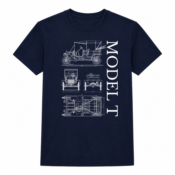 The Henry Ford® Model T Tee Shirt is a navy blue t-shirt showcasing white technical drawings of the iconic Model T from various angles, with “MODEL T” displayed vertically on the right side—a perfect choice for car enthusiasts and lovers of automotive history.