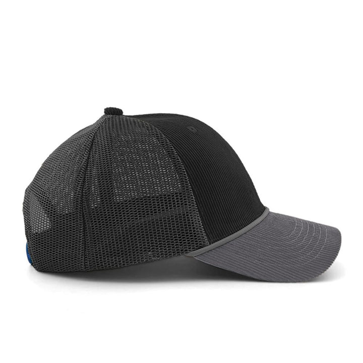 A Greenfield Village Corduroy Trucker Cap in black and gray is shown in profile, featuring a mesh back and a solid gray curved brim—perfect for exploring the winding streets of Greenfield Village or adding classic style to your next visit to a living history museum.