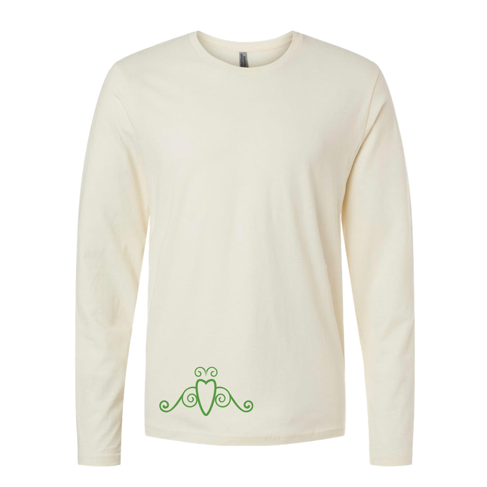 A cream-colored, long-sleeve “Friend of Greenfield Village T-Shirt,” featuring a simple green decorative design near the bottom front center, inspired by American innovation celebrated at the open-air museum.