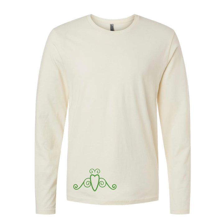 A cream-colored, long-sleeve “Friend of Greenfield Village T-Shirt,” featuring a simple green decorative design near the bottom front center, inspired by American innovation celebrated at the open-air museum.