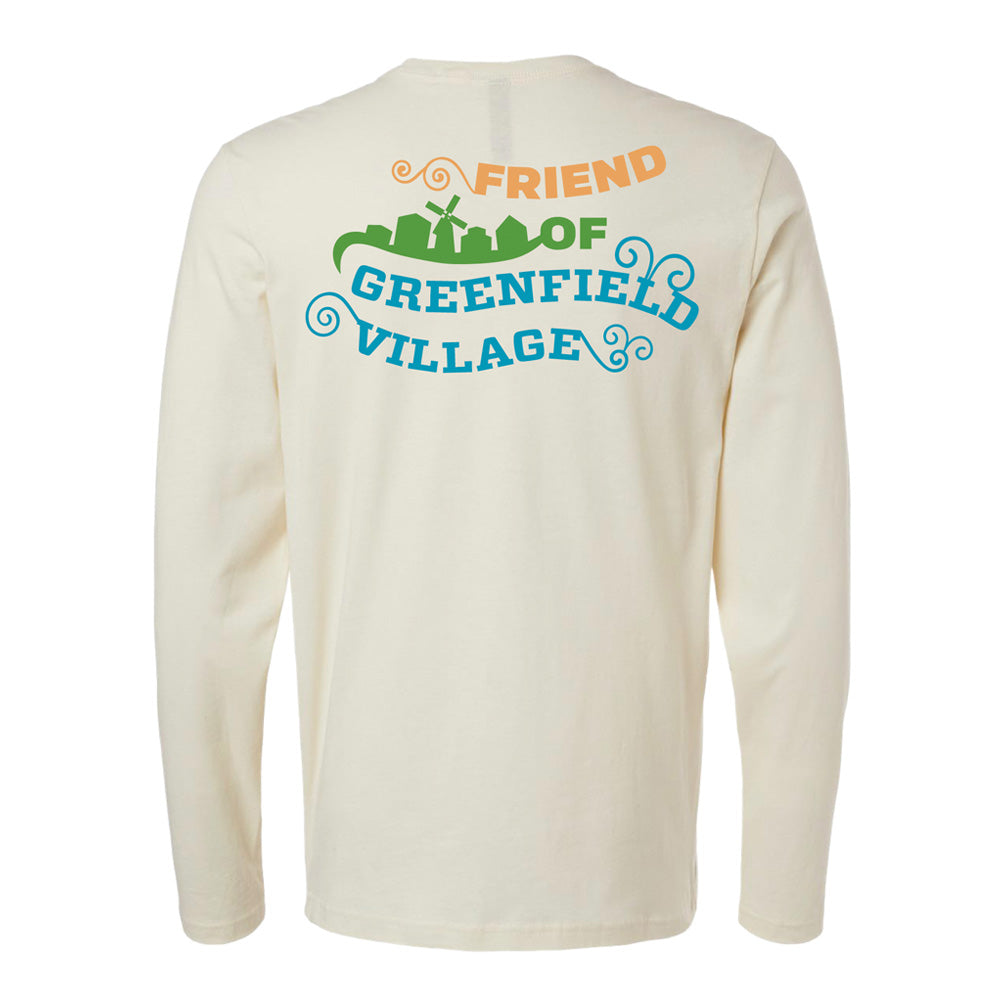 Show your support for American innovation and your favorite open-air museum with the Friend of Greenfield Village T-Shirt—a cream-colored long sleeve shirt featuring “FRIEND OF GREENFIELD VILLAGE” in colorful, playful fonts and a green village silhouette graphic on the back.