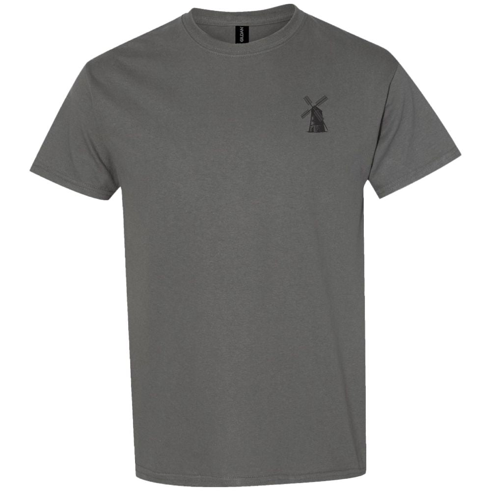 The Greenfield Village Historic Streetscape T-Shirt features a plain gray design with a subtle black windmill graphic on the left chest, inspired by the charm and history of Greenfield Village. With short sleeves and a classic crew neckline, this t-shirt is perfect for those who celebrate the vibrant spirit of this living museum.