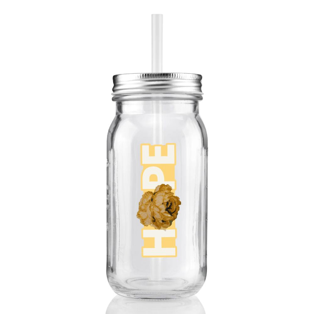 The Greenfield Village Jackson Home Hope Water Bottle is a clear mason jar-style tumbler with a metal lid and straw, featuring "HOPE" in large yellow letters and a yellow flower graphic on this eco-friendly bottle.