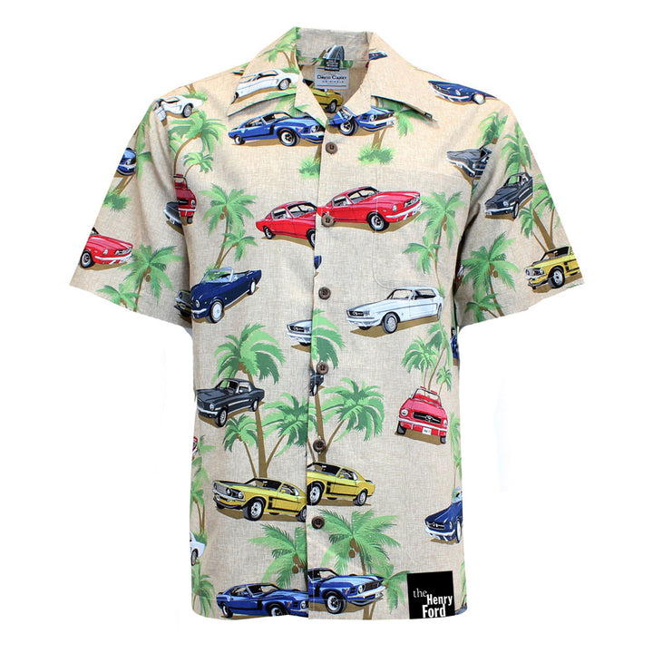 The Ford Old Mustangs Camp Shirt features a beige background adorned with colorful classic cars and green palm trees in an all-over print—making it a must-have piece of classic car apparel for any enthusiast.