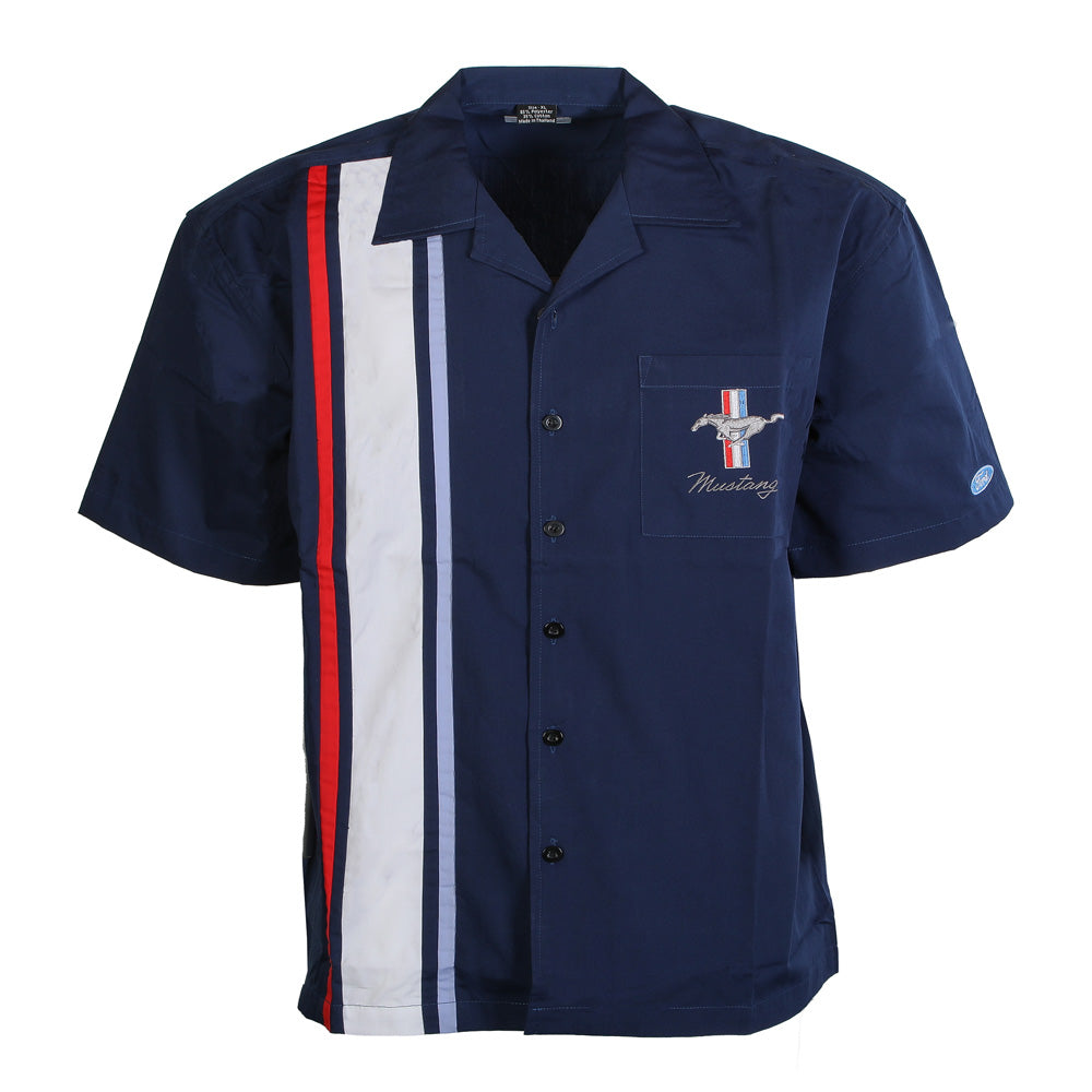 Introducing the Ford Mustang Pit Shirt—a navy blue, short-sleeve button-up shirt featuring bold red, white, and blue vertical stripes on one side and an officially licensed Ford Mustang logo with text displayed on the chest pocket.