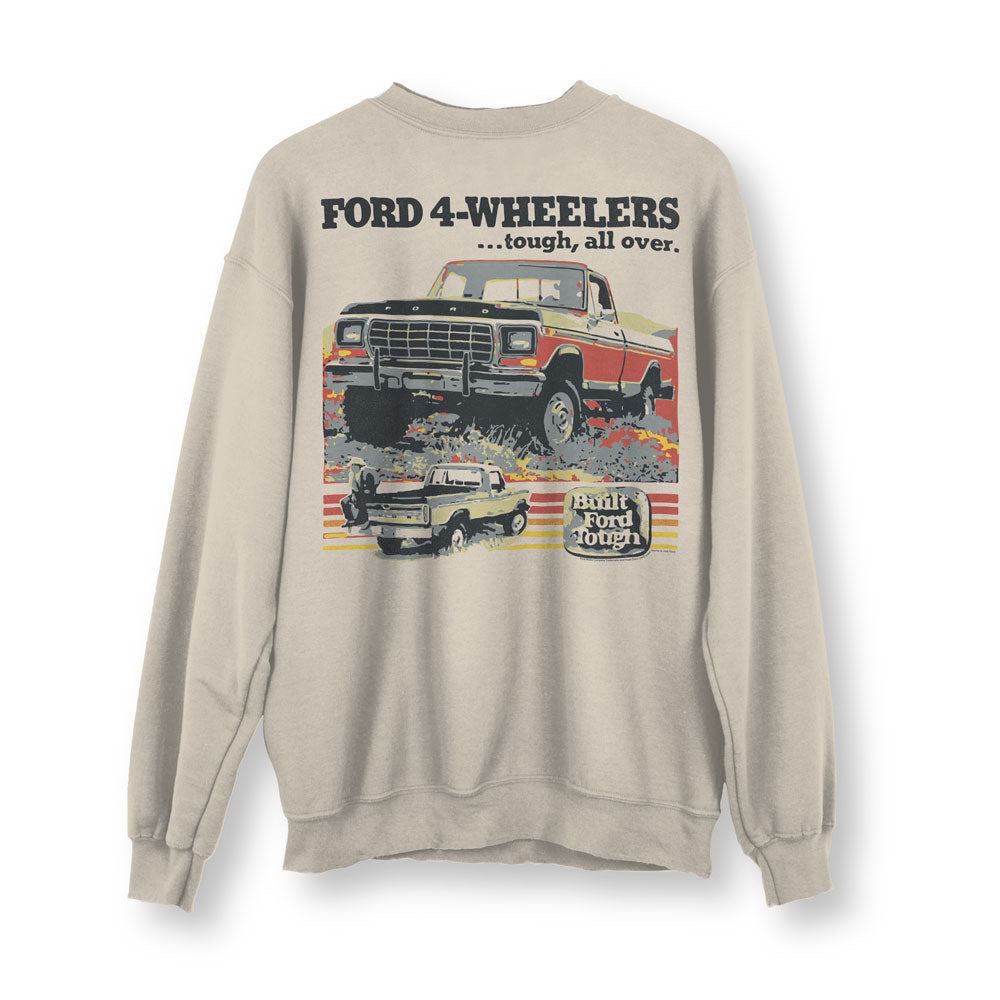 Introducing the Ford 4-Wheelers Crew Sweatshirt in beige, featuring a retro-inspired graphic showcasing two classic Ford 4-wheel drive trucks navigating rugged terrain. Bold “FORD 4-WHEELERS...tough, all over. Built Ford Tough.” text adds to its vintage look, making it the ideal off-road apparel for adventure enthusiasts. This timeless design combines classic colors with unique details beneath the trucks—perfect for any fan of durable outdoor gear and nostalgic style.