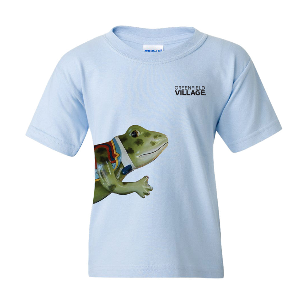 The Hershel the Frog Youth T-Shirt in light blue showcases a lifelike illustration of a frog dressed in a red and blue vest. “Greenfield Village” is printed in black on the upper left chest, inspired by the whimsical charm of the Greenfield Village carousel. Made from 100% cotton, this T-shirt offers all-day comfort for young fans.