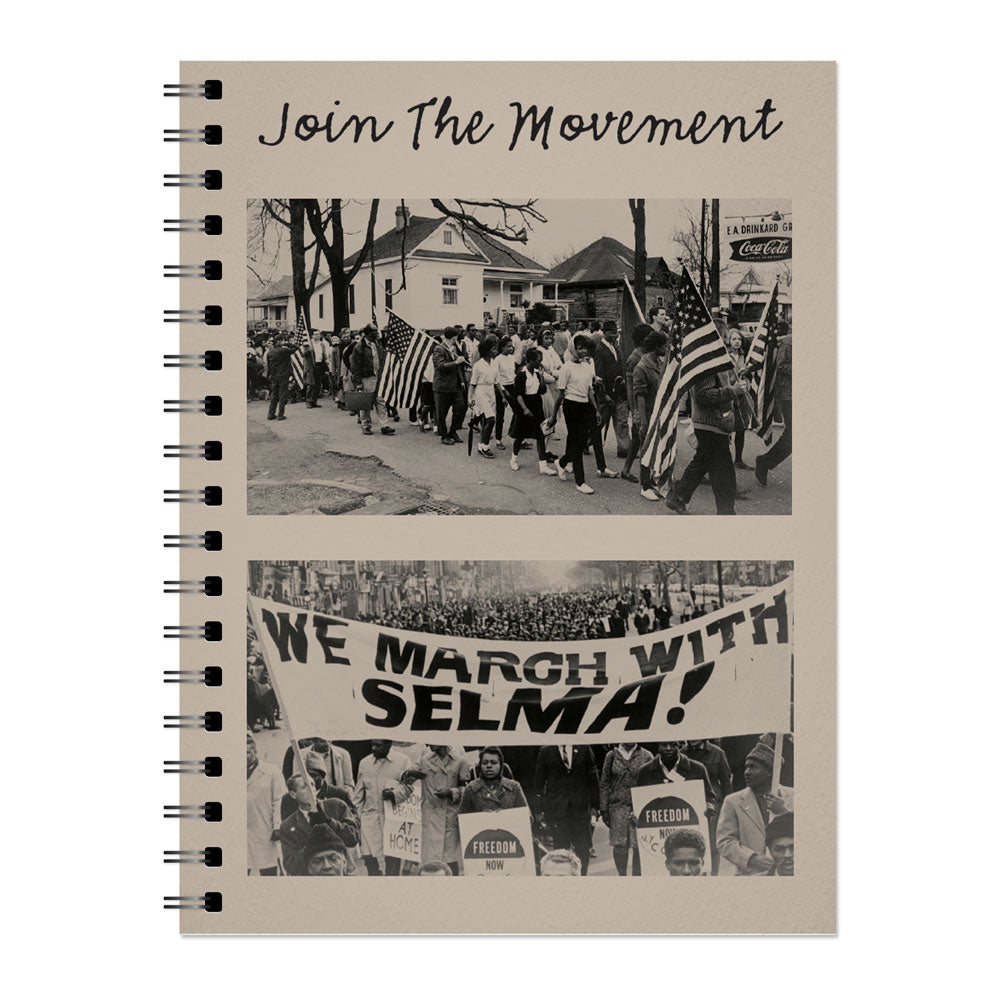 The Greenfield Village Selma How Long History Sketchbook has a spiral-bound cover with two historic black-and-white Civil Rights March photos, "Join The Movement" handwritten above, and a lower photo featuring a WE MARCH WITH SELMA! banner.