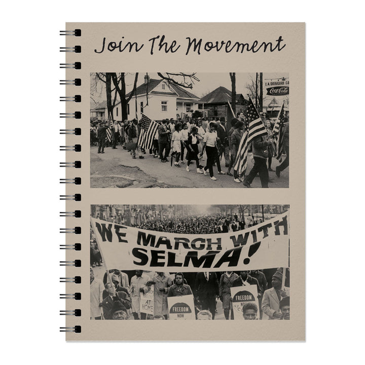 The Greenfield Village Selma How Long History Sketchbook has a spiral-bound cover with two historic black-and-white Civil Rights March photos, "Join The Movement" handwritten above, and a lower photo featuring a WE MARCH WITH SELMA! banner.