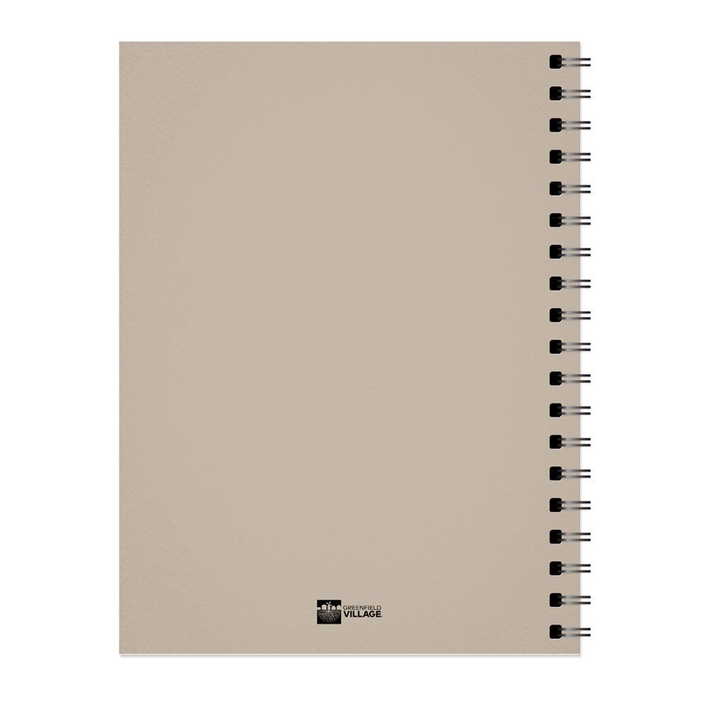 A beige, spiral-bound Greenfield Village Selma How Long History Sketchbook with a textured cover and "Campus VILLAGE" logo at the lower center, closed and photographed against a white background.