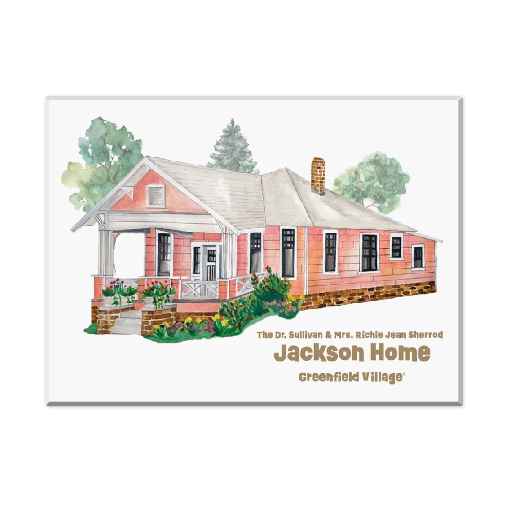 Illustration of the pink and white Dr. Sullivan & Mrs. Richie Jean Sherrod Jackson Home with porch and greenery. Greenfield Village Jackson Home Magnet—a perfect historic keepsake.