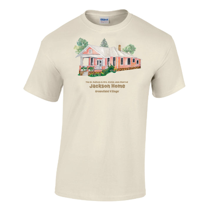 The Greenfield Village Jackson Home T-Shirt in beige showcases a vibrant house with a porch and reads: The Dr. Sullivan & Mrs. Robbie Jean Sherrod Jackson Home, Greenfield Village—celebrating Americana style.