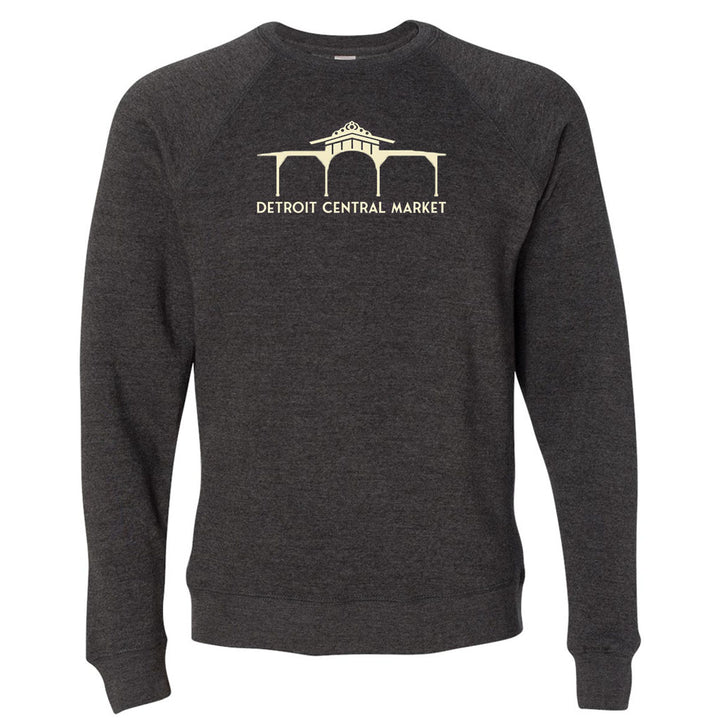 The Greenfield Village Detroit Central Market Sweatshirt is a dark gray pullover featuring a light market building graphic and "DETROIT CENTRAL MARKET" text—ideal for fans of historic Detroit market apparel.