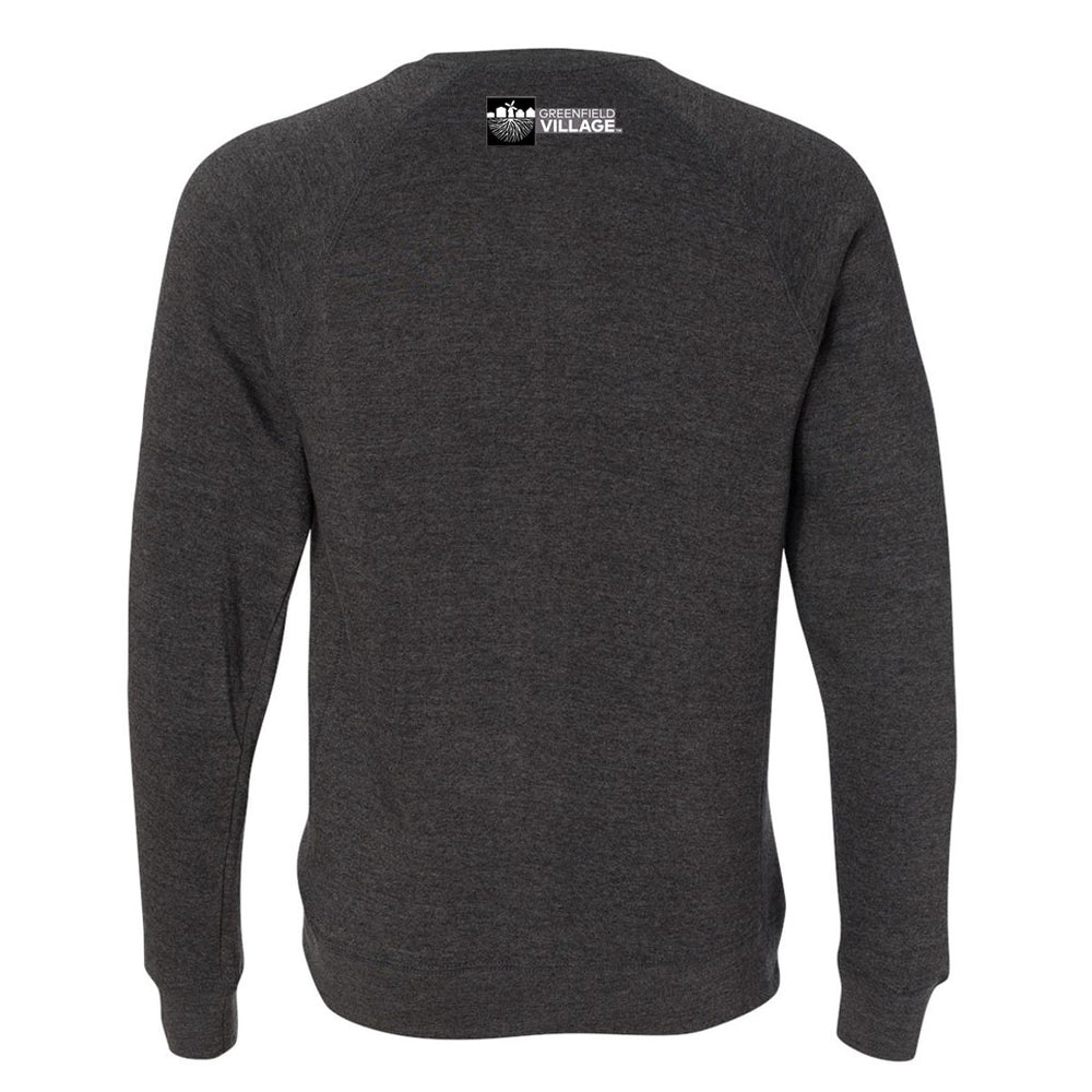 The Greenfield Village Detroit Central Market Sweatshirt is dark gray, seen from the back with a small white logo and icon near the neckline. It features long sleeves and a classic crew neck.