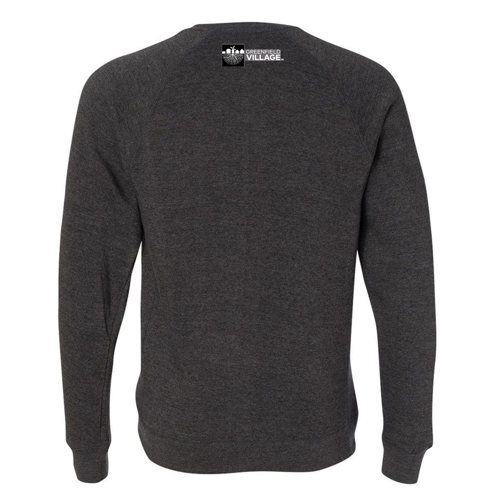 The Greenfield Village Detroit Central Market Sweatshirt is dark gray, seen from the back with a small white logo and icon near the neckline. It features long sleeves and a classic crew neck.