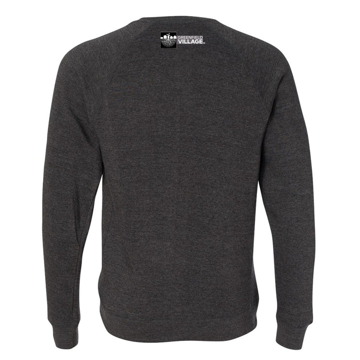 The Greenfield Village Detroit Central Market Sweatshirt is dark gray, seen from the back with a small white logo and icon near the neckline. It features long sleeves and a classic crew neck.