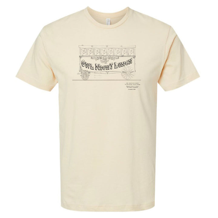 Owl Night Lunch Wagon T-Shirt in beige featuring a line drawing of the historic cart from Greenfield Village. "Owl Night Lunch" text appears on the cart, with additional small text beside the illustration.