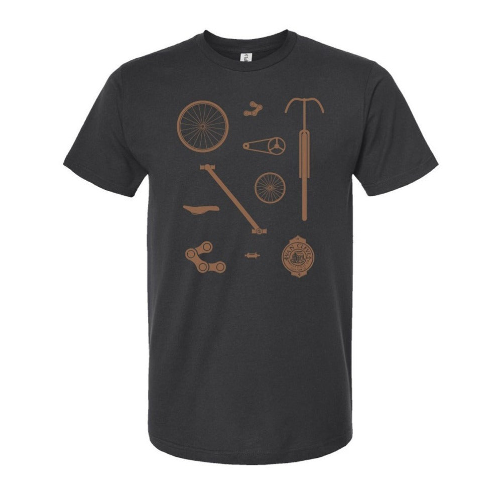 The Henry Ford® Bicycle T-Shirt is a black tee with brown minimalist illustrations of bicycle parts arranged in a scattered pattern—a subtle tribute to cycling's history, innovation, and classic design.