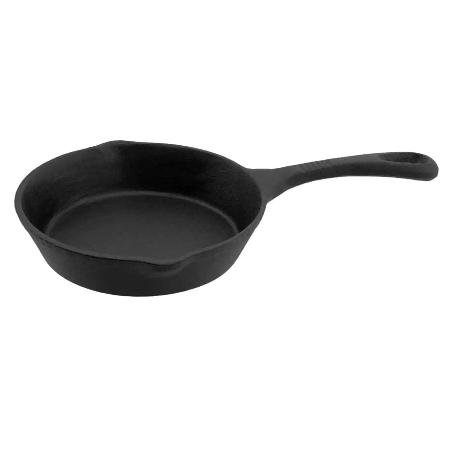The Cast Iron 6.5" Skillet is pre-seasoned, features a long handle and a small spout on one side, and is displayed on a white background.