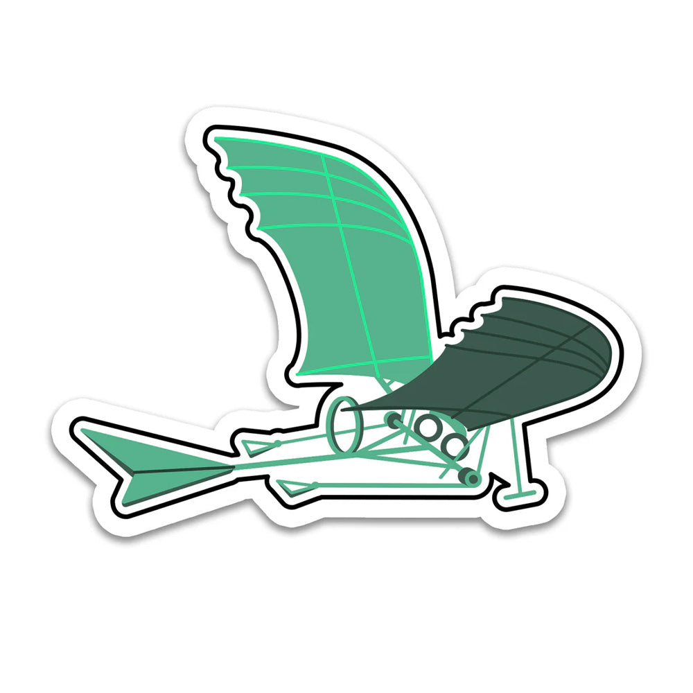 The Da Vinci Flying Machine Sticker features a stylized green design with bird-like wings and an exposed frame, inspired by early aviation—ideal for any Leonardo Da Vinci sticker collection.