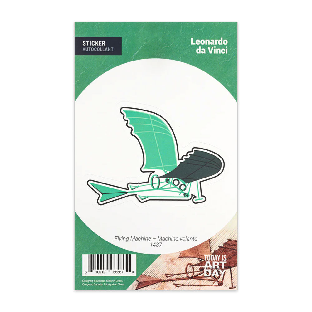 The Da Vinci Flying Machine Sticker is displayed on a green and white card featuring da Vinci’s name, artwork title, year 1487, and “Today is Art Day!” at the bottom.
