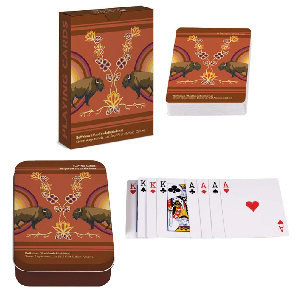 The Native Northwest Buffaloes Playing Cards come in a brown and orange tin box featuring Indigenous buffalo artwork. Displayed cards include the four kings, queen of spades, and ace of hearts.