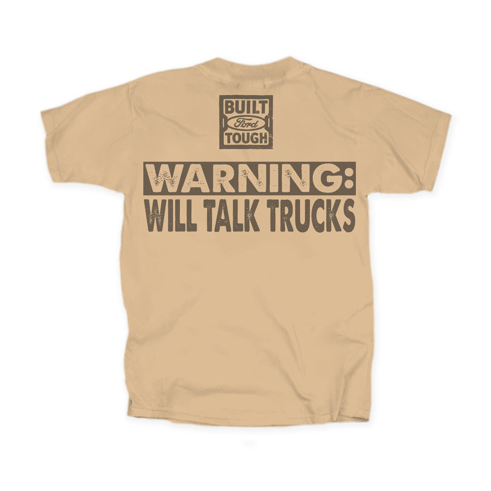 Show off your love for trucks with the Ford Will Talk Trucks T-Shirt, featuring “BUILT Ford TOUGH” at the top and bold “WARNING: WILL TALK TRUCKS” text below. This classic tee is a must-have addition to any truck enthusiast’s collection.
