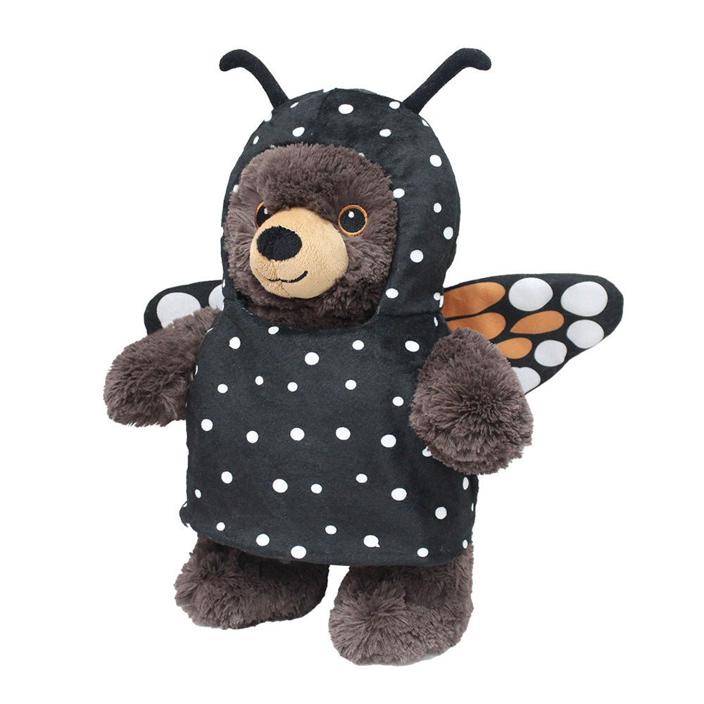The Plush Butterfly Outfit is a plush teddy bear costume with white polka dots, black antennae, and orange-and-white spotted wings—perfect for sparking kids’ imagination and costume play.