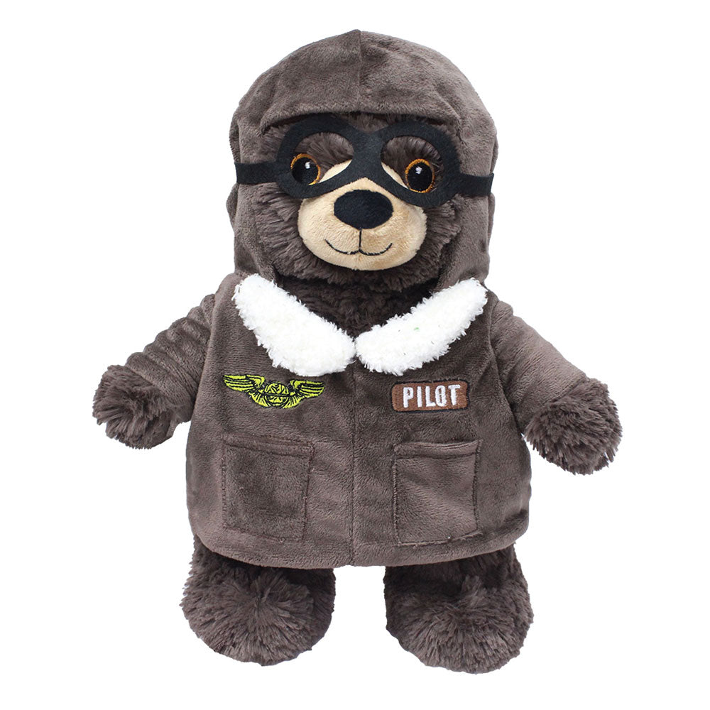 The Plush Aviator Outfit features a brown aviator jacket with a white collar, black goggles, and PILOT patches with gold wings—an ideal pilot costume for plush toys.