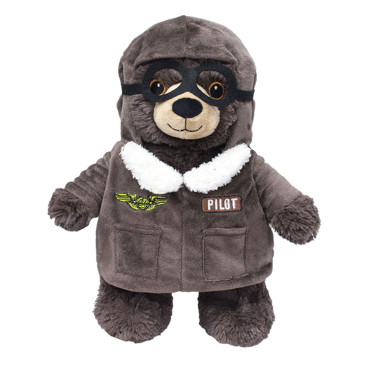 The Plush Aviator Outfit features a brown aviator jacket with a white collar, black goggles, and PILOT patches with gold wings—an ideal pilot costume for plush toys.